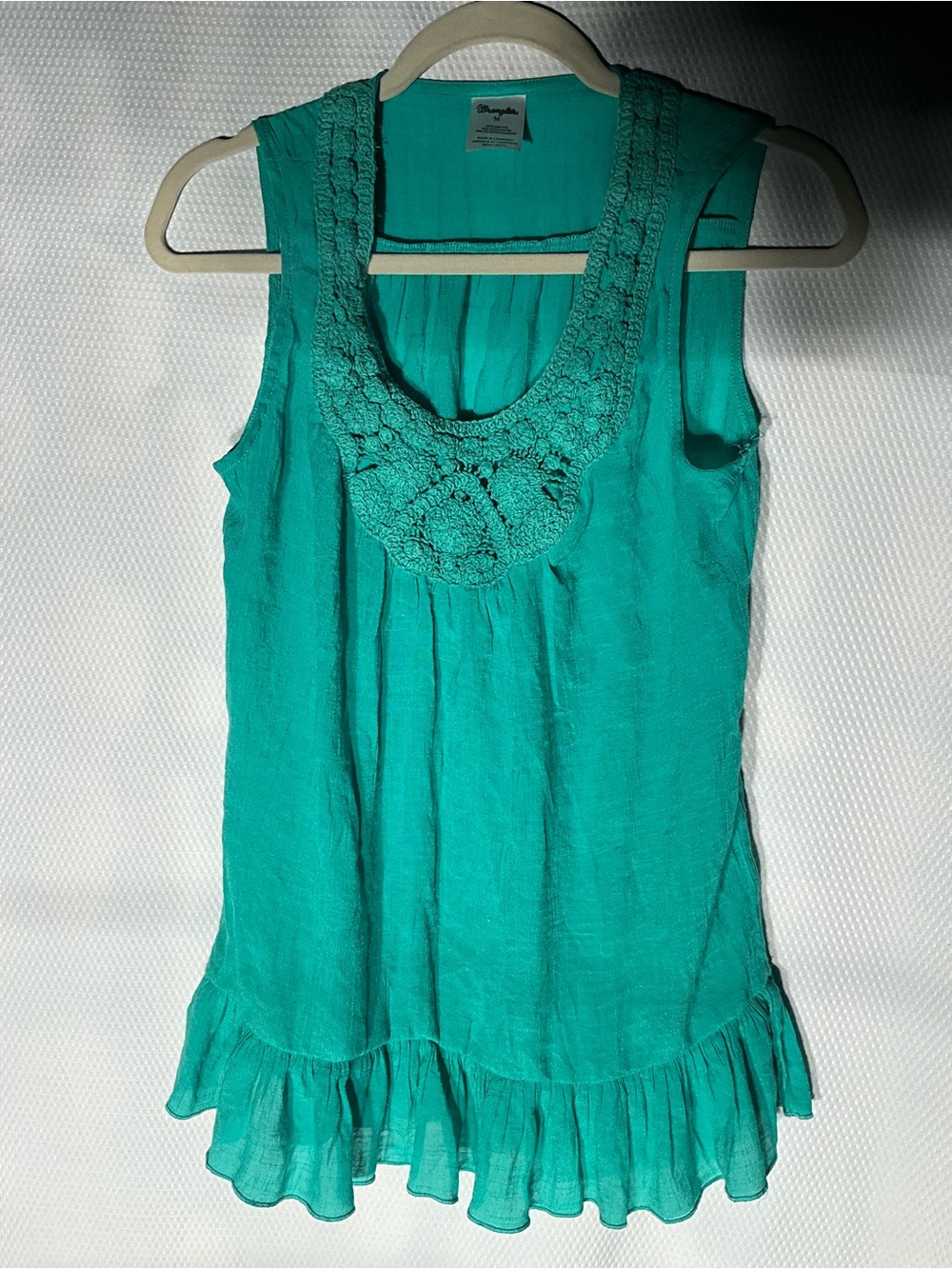 Wrangler Teal Crochet-Trim Ruffle Hem Tank Top
